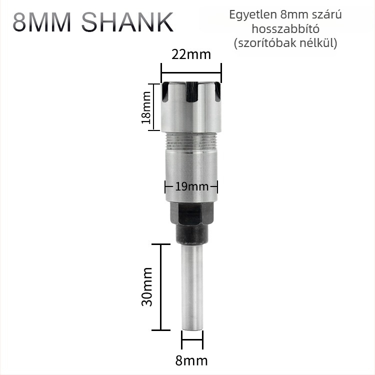 ER tokmányos maró hosszabbító rúd, 1/4" és 8 mm szárakkal, 6 hornyolt kivitel, gravírozáshoz és fafaragáshoz