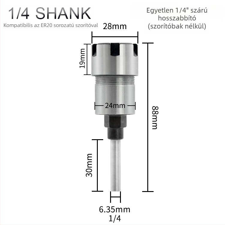 ER tokmányos maró hosszabbító rúd, 1/4" és 8 mm szárakkal, 6 hornyolt kivitel, gravírozáshoz és fafaragáshoz