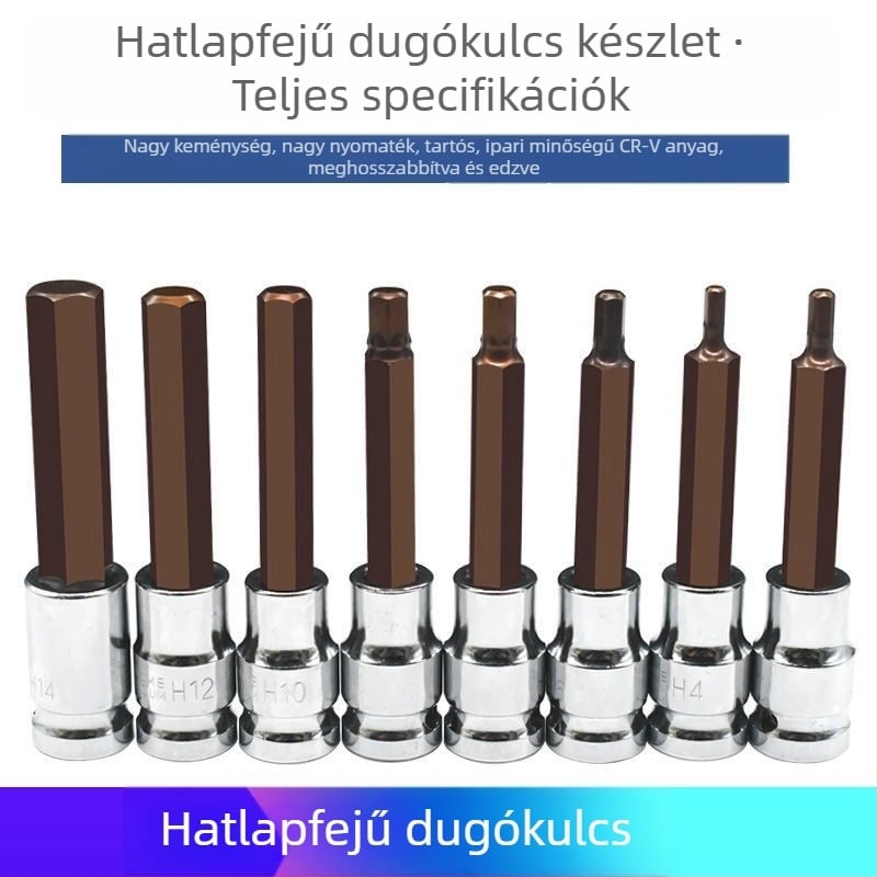 1/2 hüvelykes hosszított hatszögletű aljzatkészlet elektromos- és pneumatikus kulcsokhoz, S2 acél