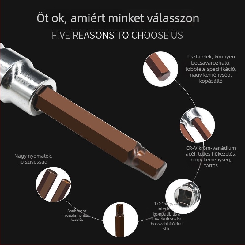 1/2 hüvelykes hosszított hatszögletű aljzatkészlet elektromos- és pneumatikus kulcsokhoz, S2 acél