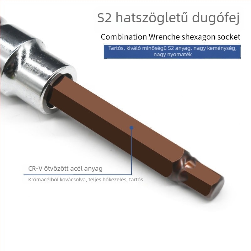 1/2 hüvelykes hosszított hatszögletű aljzatkészlet elektromos- és pneumatikus kulcsokhoz, S2 acél