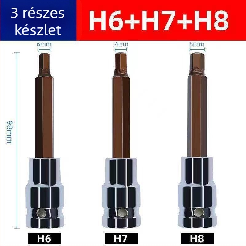 1/2 hüvelykes hosszított hatszögletű aljzatkészlet elektromos- és pneumatikus kulcsokhoz, S2 acél