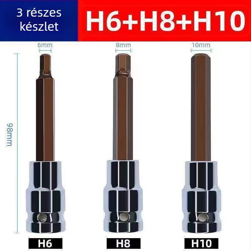 1/2 hüvelykes hosszított hatszögletű aljzatkészlet elektromos- és pneumatikus kulcsokhoz, S2 acél