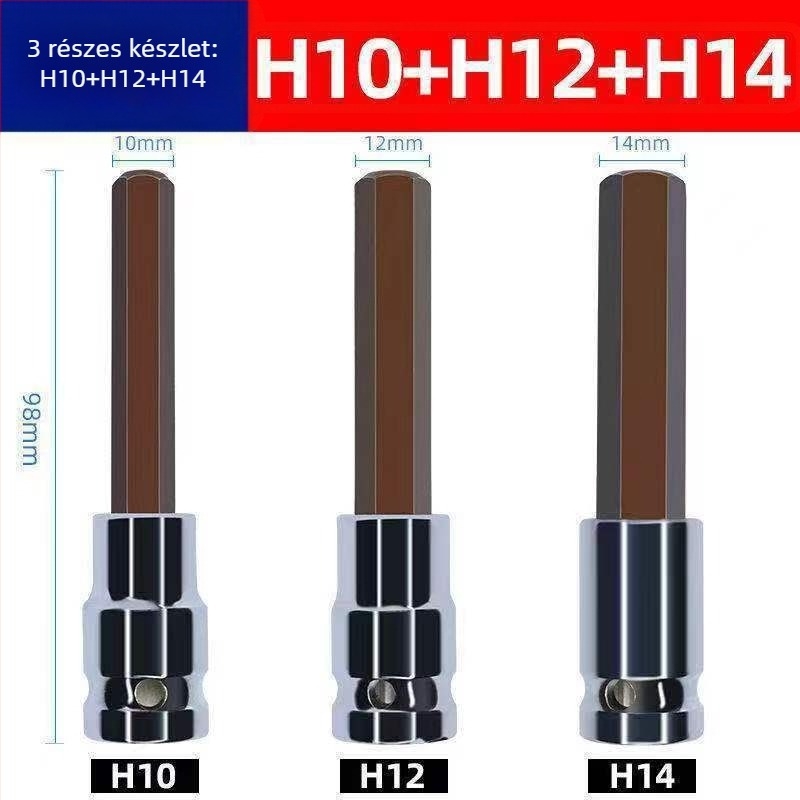 1/2 hüvelykes hosszított hatszögletű aljzatkészlet elektromos- és pneumatikus kulcsokhoz, S2 acél