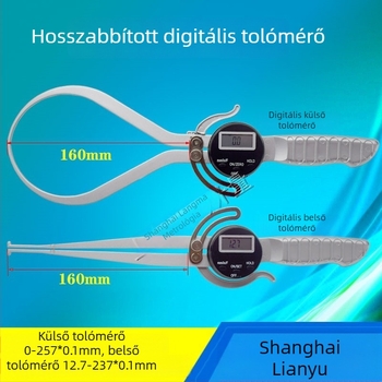 Hosszú állkapcsos digitális tolómérő, nagy tartomány, digitális kijelző, belső és külső mérések, 0-237 mm, állkapcsok hossza 160 mm