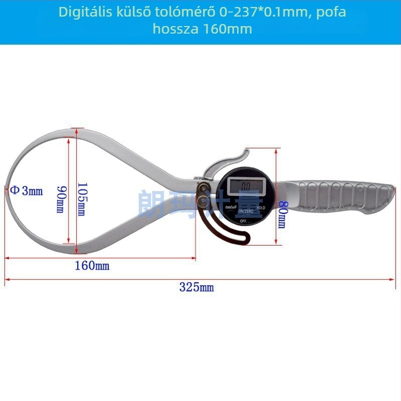 Hosszú állkapcsos digitális tolómérő, nagy tartomány, digitális kijelző, belső és külső mérések, 0-237 mm, állkapcsok hossza 160 mm