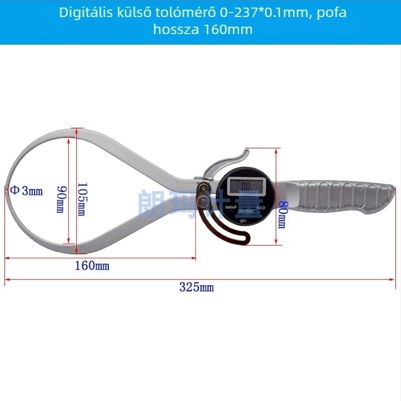 Hosszú állkapcsos digitális tolómérő, nagy tartomány, digitális kijelző, belső és külső mérések, 0-237 mm, állkapcsok hossza 160 mm