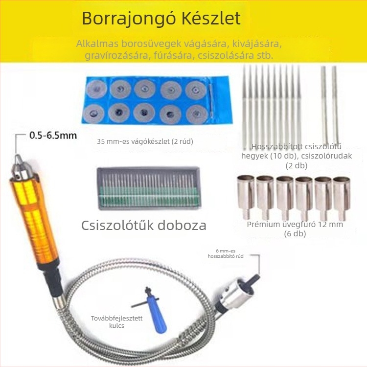 Rugalmas tengellyel működő elektromos csiszoló és fúró, átalakítható függő csiszolóvá; gravíró gép; jáde- és fa faragó eszközök; gyökérfaragó eszközök; faragó kés és daltok