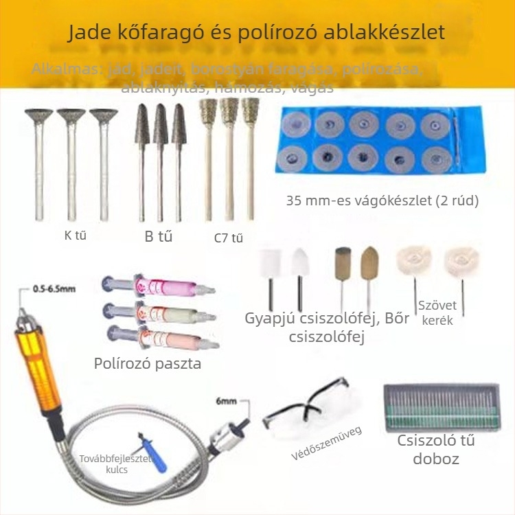 Rugalmas tengellyel működő elektromos csiszoló és fúró, átalakítható függő csiszolóvá; gravíró gép; jáde- és fa faragó eszközök; gyökérfaragó eszközök; faragó kés és daltok