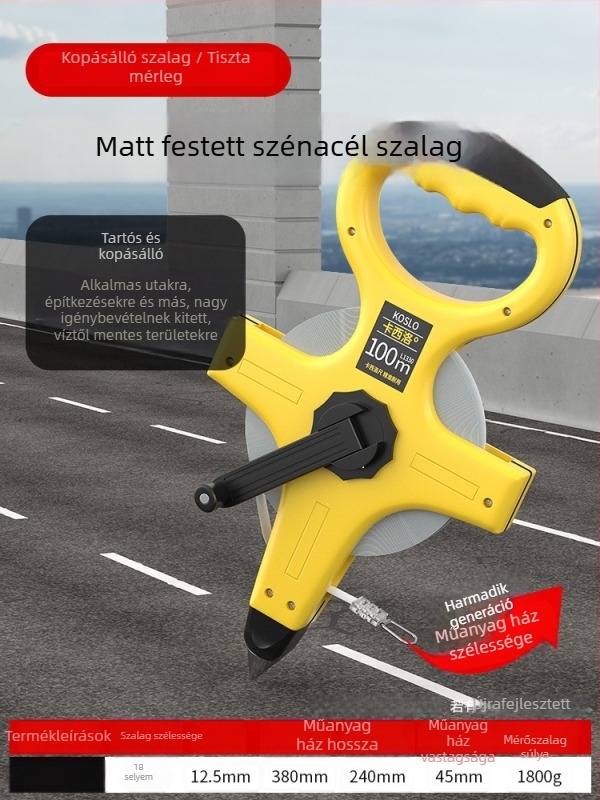 Nagy mérőszalag készlet: 50 m acélszalag, 30 m puha szalag, 100 m építőipari mérőszalag, kézi tok