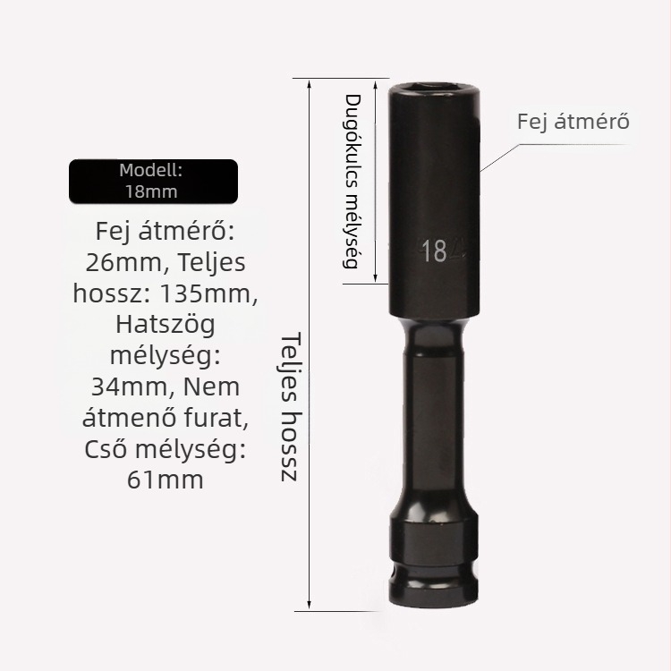 Jayco elektromos kulcs, vékony falú soke, hosszabbító fej, 1/2 hüvelykes hajtás, 6/7/8 mm