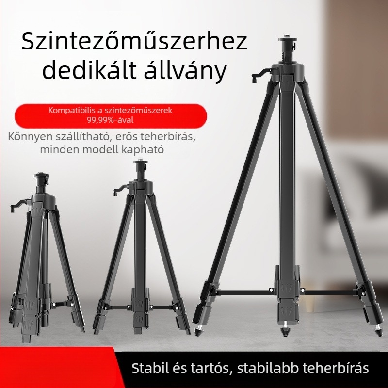 Teleszkópos háromlábú állvány szintező műszerhez, emelőrúddal, lézeres tartóval és infravörös támasztékkal