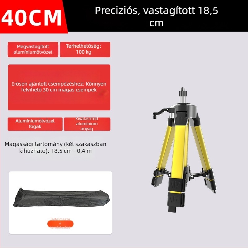 Teleszkópos háromlábú állvány szintező műszerhez, emelőrúddal, lézeres tartóval és infravörös támasztékkal