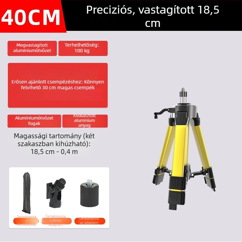 Teleszkópos háromlábú állvány szintező műszerhez, emelőrúddal, lézeres tartóval és infravörös támasztékkal