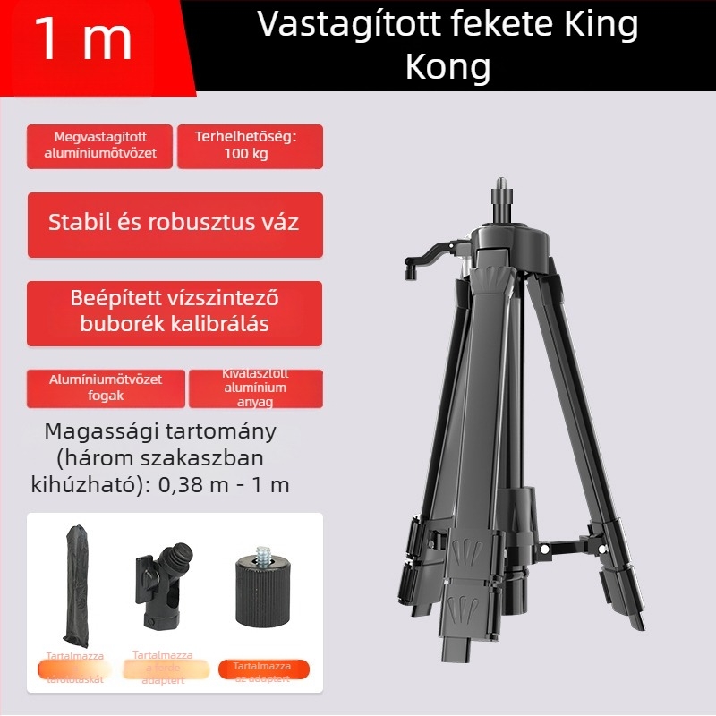 Teleszkópos háromlábú állvány szintező műszerhez, emelőrúddal, lézeres tartóval és infravörös támasztékkal