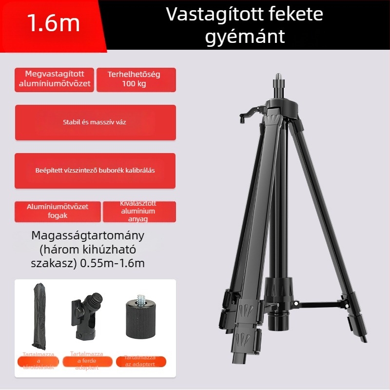 Teleszkópos háromlábú állvány szintező műszerhez, emelőrúddal, lézeres tartóval és infravörös támasztékkal