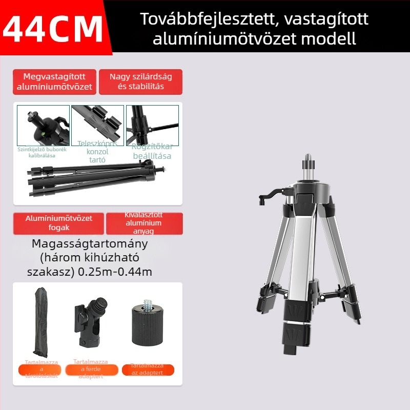 Teleszkópos háromlábú állvány szintező műszerhez, emelőrúddal, lézeres tartóval és infravörös támasztékkal