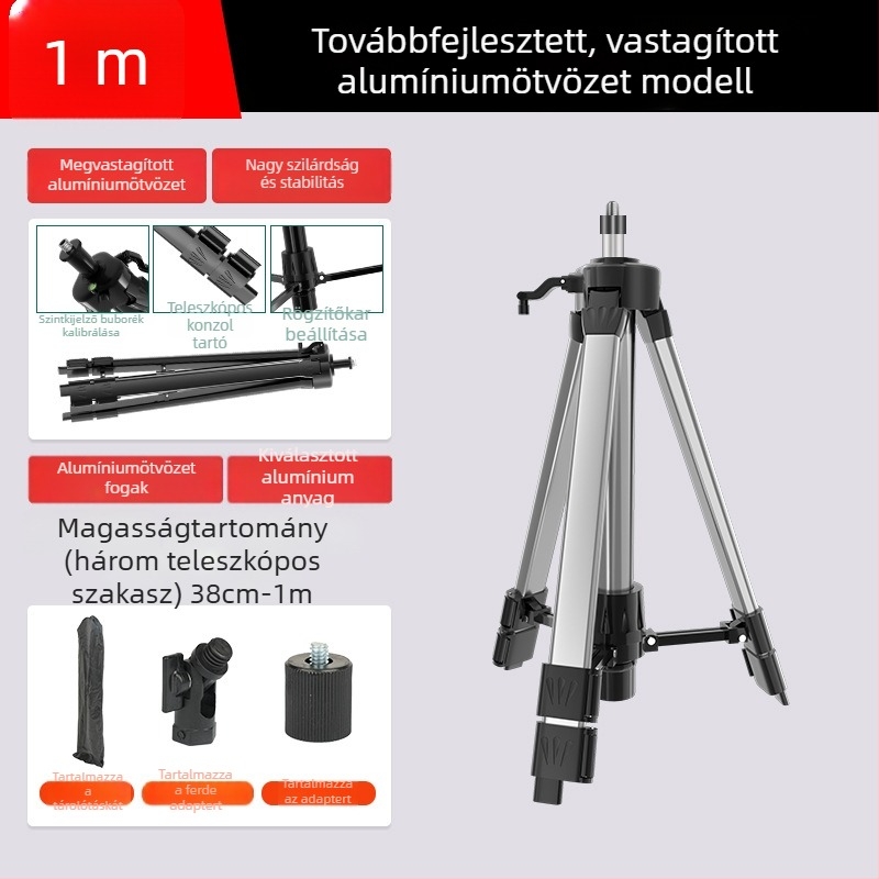 Teleszkópos háromlábú állvány szintező műszerhez, emelőrúddal, lézeres tartóval és infravörös támasztékkal
