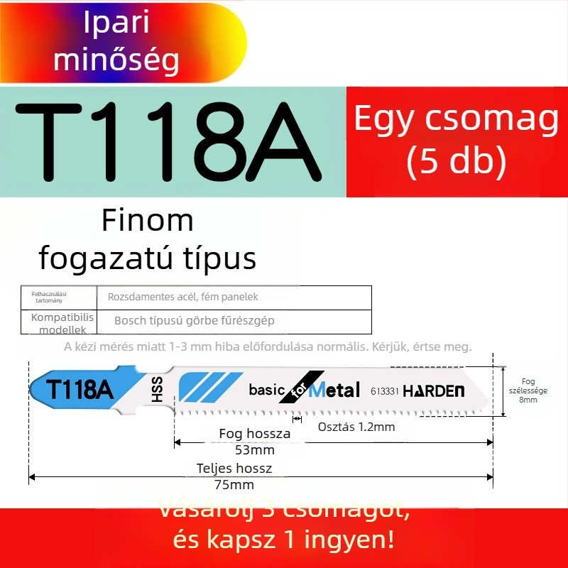 Faipari fűrészhez készült hosszított penge, T244D nagy sebességű acél, 101A0, fémlemez furattal, durva/közepes/finom fogazat.