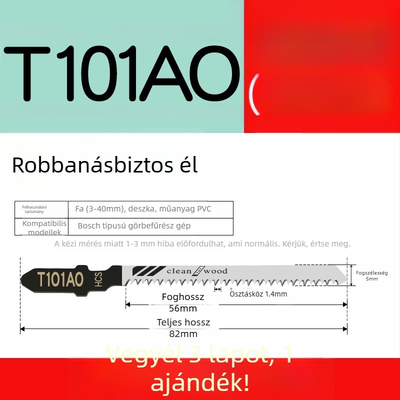 Faipari fűrészhez készült hosszított penge, T244D nagy sebességű acél, 101A0, fémlemez furattal, durva/közepes/finom fogazat.