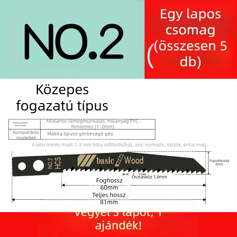 Faipari fűrészhez készült hosszított penge, T244D nagy sebességű acél, 101A0, fémlemez furattal, durva/közepes/finom fogazat.