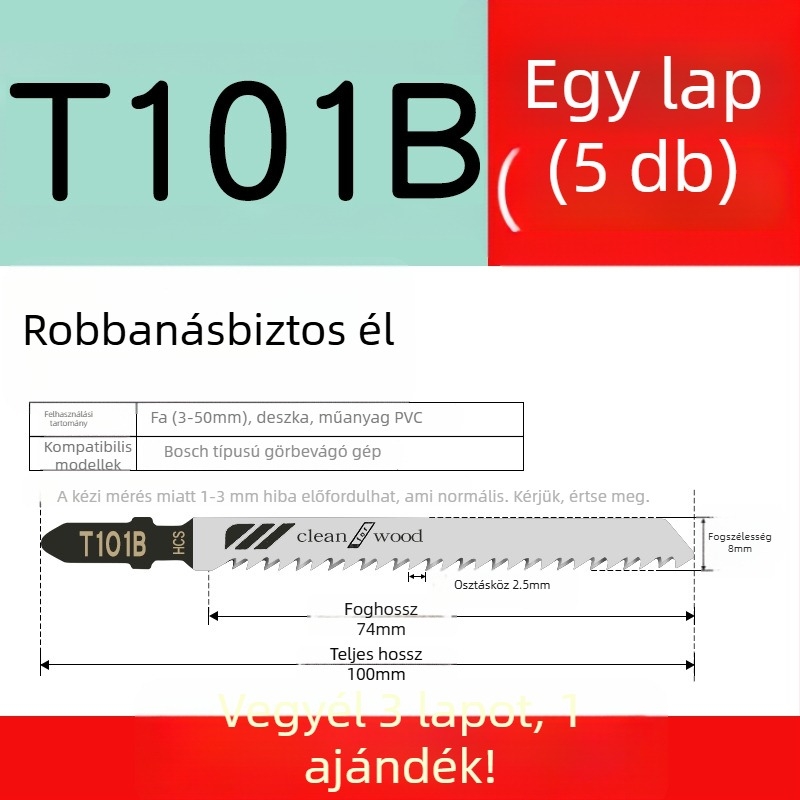 Faipari fűrészhez készült hosszított penge, T244D nagy sebességű acél, 101A0, fémlemez furattal, durva/közepes/finom fogazat.