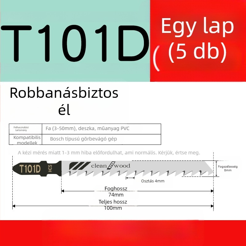 Faipari fűrészhez készült hosszított penge, T244D nagy sebességű acél, 101A0, fémlemez furattal, durva/közepes/finom fogazat.