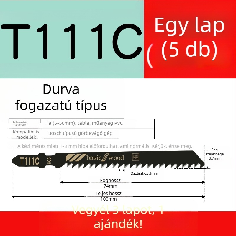 Faipari fűrészhez készült hosszított penge, T244D nagy sebességű acél, 101A0, fémlemez furattal, durva/közepes/finom fogazat.