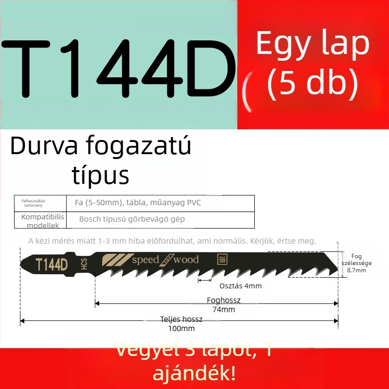 Faipari fűrészhez készült hosszított penge, T244D nagy sebességű acél, 101A0, fémlemez furattal, durva/közepes/finom fogazat.