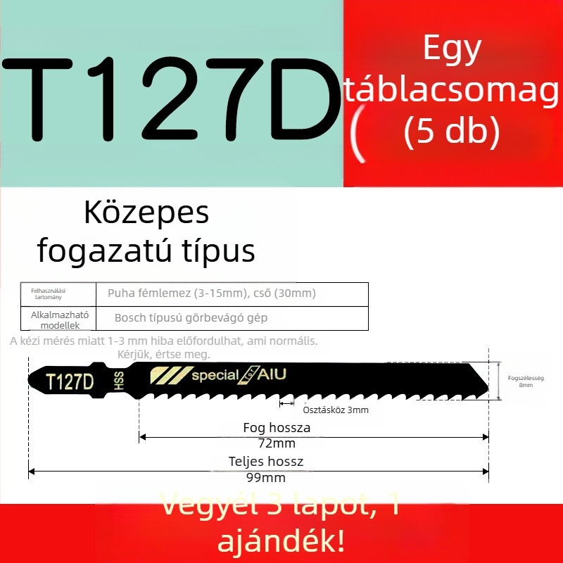 Faipari fűrészhez készült hosszított penge, T244D nagy sebességű acél, 101A0, fémlemez furattal, durva/közepes/finom fogazat.