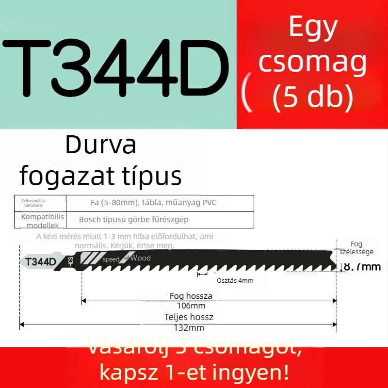 Faipari fűrészhez készült hosszított penge, T244D nagy sebességű acél, 101A0, fémlemez furattal, durva/közepes/finom fogazat.