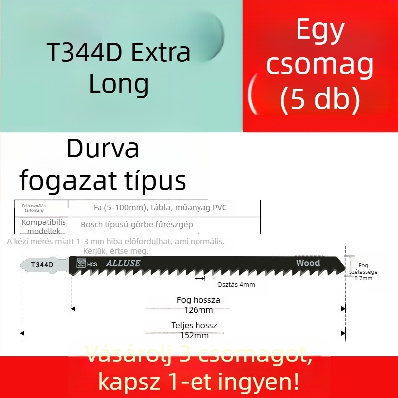 Faipari fűrészhez készült hosszított penge, T244D nagy sebességű acél, 101A0, fémlemez furattal, durva/közepes/finom fogazat.