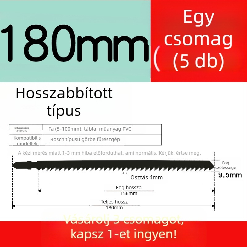 Faipari fűrészhez készült hosszított penge, T244D nagy sebességű acél, 101A0, fémlemez furattal, durva/közepes/finom fogazat.