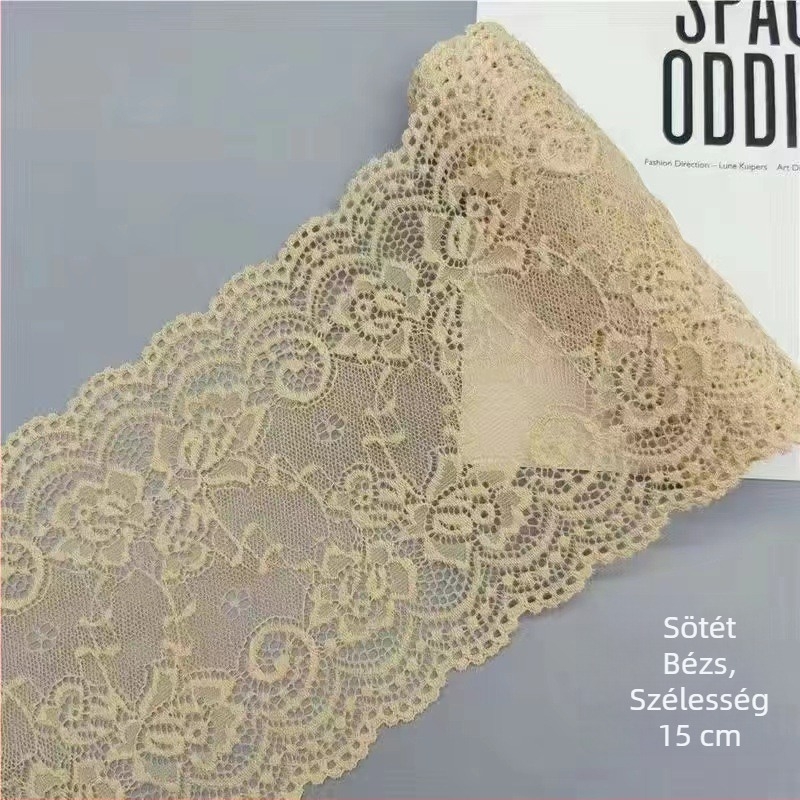 15 cm széles, puha elasztikus csipke szegély, több színű, ruhákhoz