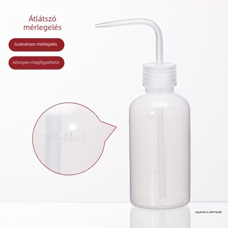 Műanyag mosóüveg ívelt kifolyóval és oldalsó csővel, laboratóriumi mosóüveg 250/500/1000 ml
