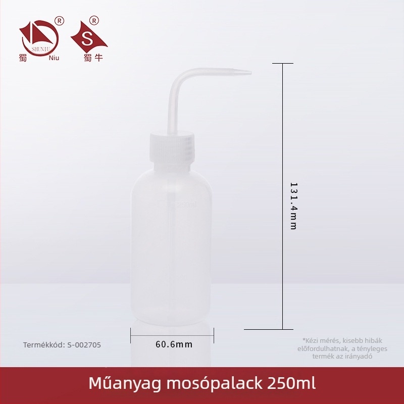 Műanyag mosóüveg ívelt kifolyóval és oldalsó csővel, laboratóriumi mosóüveg 250/500/1000 ml