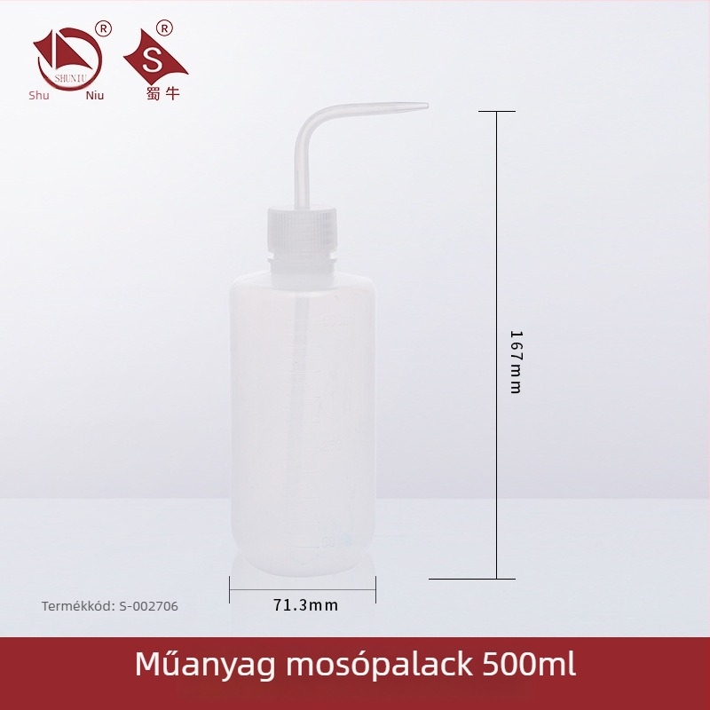 Műanyag mosóüveg ívelt kifolyóval és oldalsó csővel, laboratóriumi mosóüveg 250/500/1000 ml