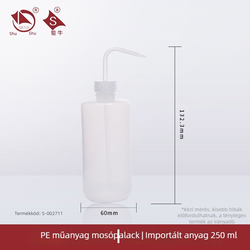 Műanyag mosóüveg ívelt kifolyóval és oldalsó csővel, laboratóriumi mosóüveg 250/500/1000 ml