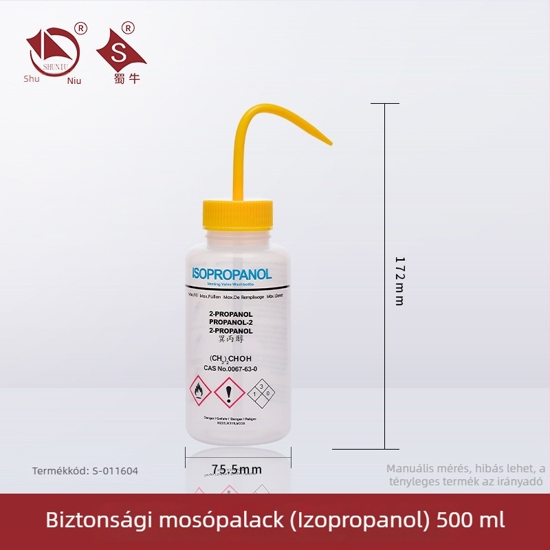 Műanyag mosóüveg ívelt kifolyóval és oldalsó csővel, laboratóriumi mosóüveg 250/500/1000 ml