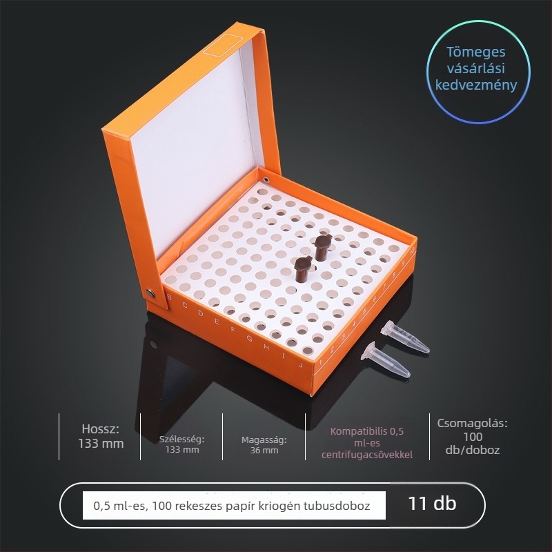 81‑helyes papíralapú kriobox fedéllel, vízálló, 5 ml, 1.8 ml, 1.5 ml és 2 ml centrifugacsövekhez.
