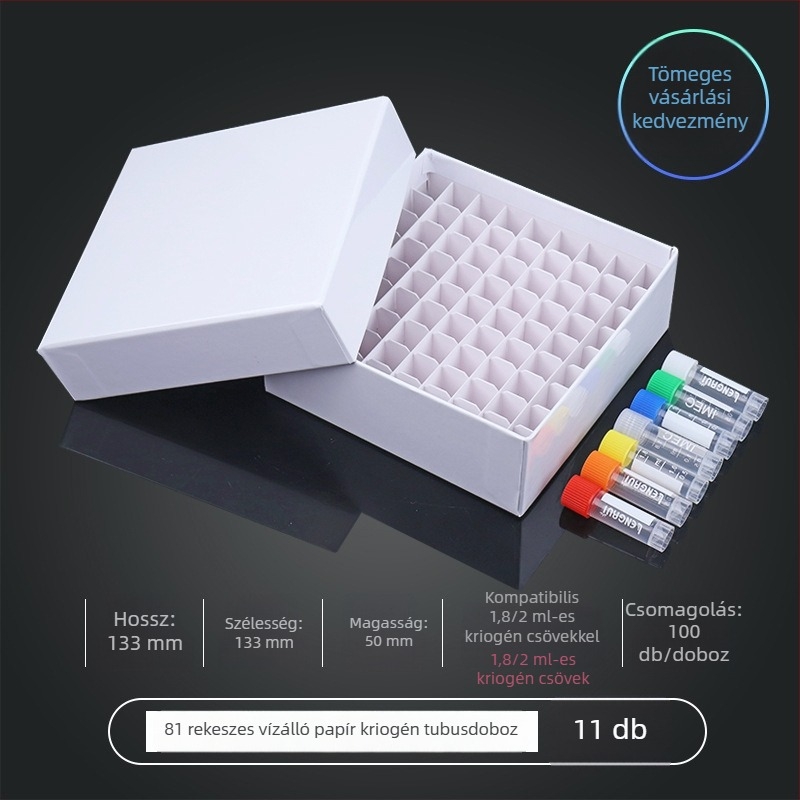 81‑helyes papíralapú kriobox fedéllel, vízálló, 5 ml, 1.8 ml, 1.5 ml és 2 ml centrifugacsövekhez.