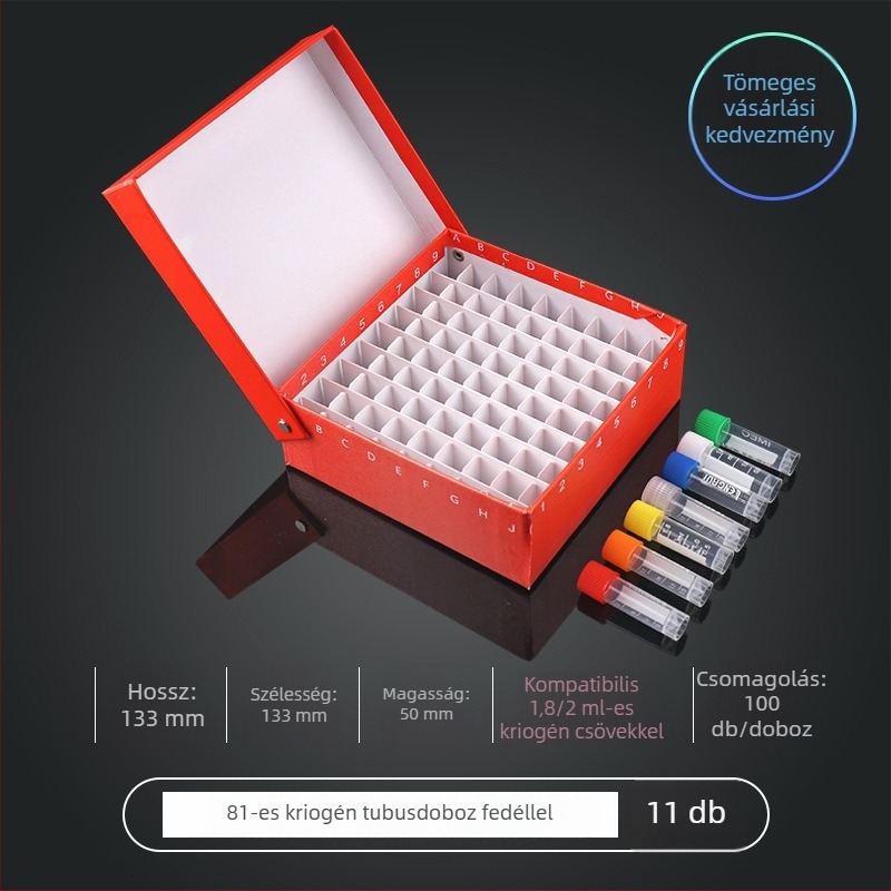 81‑helyes papíralapú kriobox fedéllel, vízálló, 5 ml, 1.8 ml, 1.5 ml és 2 ml centrifugacsövekhez.