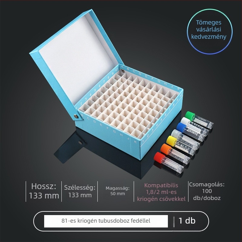 81‑helyes papíralapú kriobox fedéllel, vízálló, 5 ml, 1.8 ml, 1.5 ml és 2 ml centrifugacsövekhez.