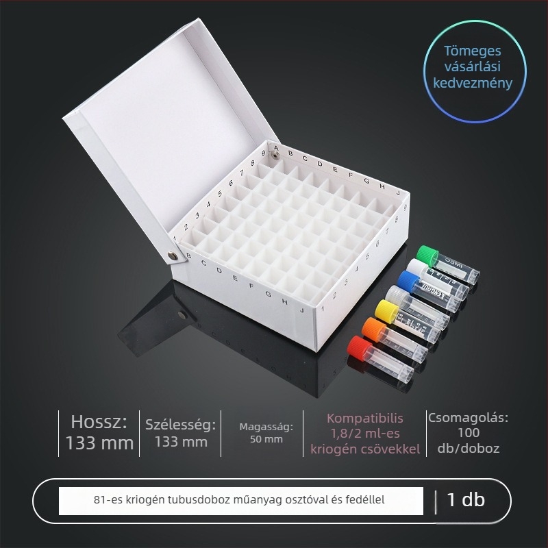 81‑helyes papíralapú kriobox fedéllel, vízálló, 5 ml, 1.8 ml, 1.5 ml és 2 ml centrifugacsövekhez.