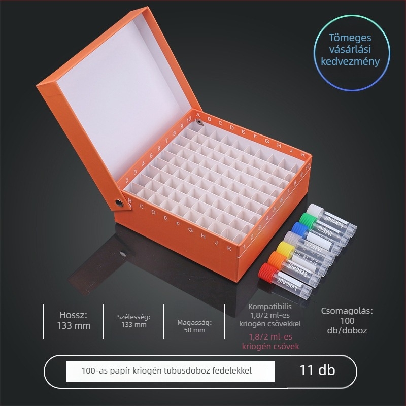 81‑helyes papíralapú kriobox fedéllel, vízálló, 5 ml, 1.8 ml, 1.5 ml és 2 ml centrifugacsövekhez.
