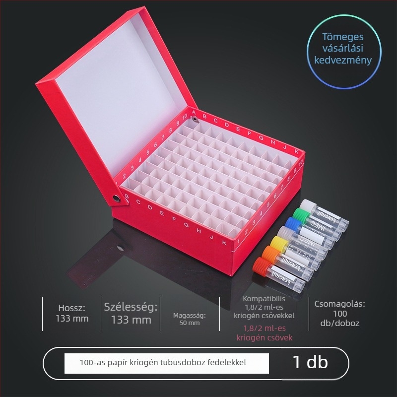 81‑helyes papíralapú kriobox fedéllel, vízálló, 5 ml, 1.8 ml, 1.5 ml és 2 ml centrifugacsövekhez.