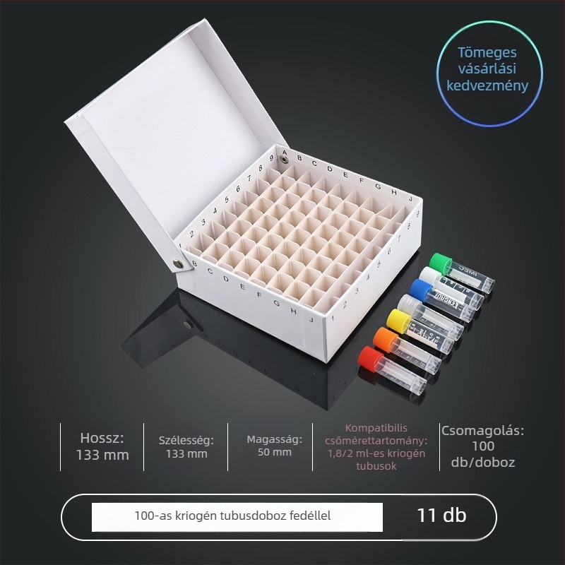 81‑helyes papíralapú kriobox fedéllel, vízálló, 5 ml, 1.8 ml, 1.5 ml és 2 ml centrifugacsövekhez.