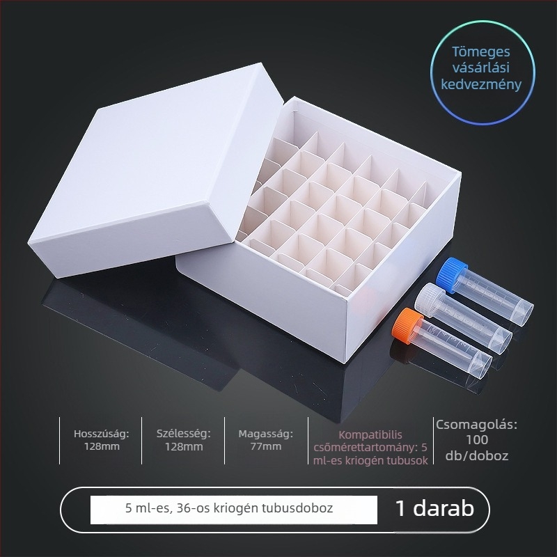 81‑helyes papíralapú kriobox fedéllel, vízálló, 5 ml, 1.8 ml, 1.5 ml és 2 ml centrifugacsövekhez.