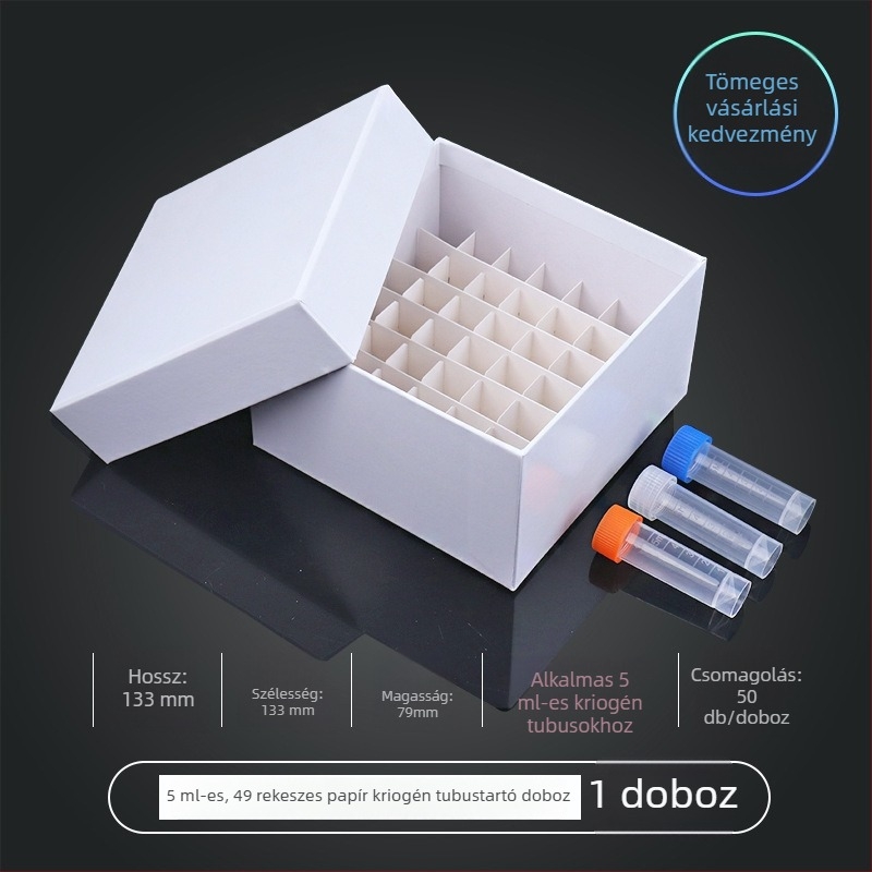 81‑helyes papíralapú kriobox fedéllel, vízálló, 5 ml, 1.8 ml, 1.5 ml és 2 ml centrifugacsövekhez.