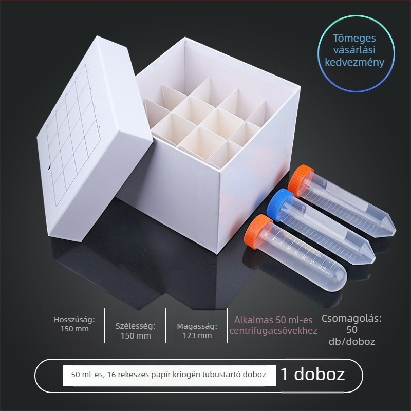 81‑helyes papíralapú kriobox fedéllel, vízálló, 5 ml, 1.8 ml, 1.5 ml és 2 ml centrifugacsövekhez.